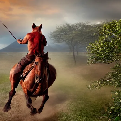 Image similar to Red ogre riding a horse, realistic, HD,