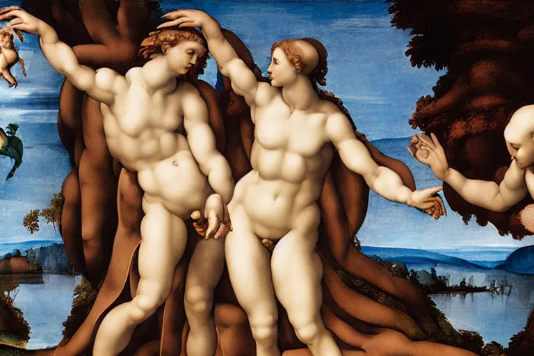 Image similar to creation of eve by michelangelo, with 2 aliens