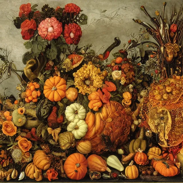 Image similar to victorian thanksgiving feast, flowers and gourds, black background, vanitas, still life by giuseppe arcimboldo, intricate high detail masterpiece