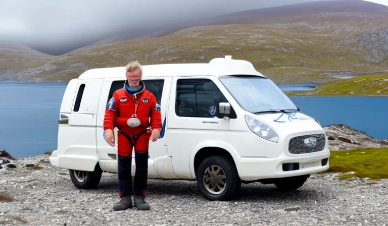 Image similar to tourist astronaut standing in the Isle of Harris, Scotland, a futuristic campervan in the background, wide angle lens, photorealistic