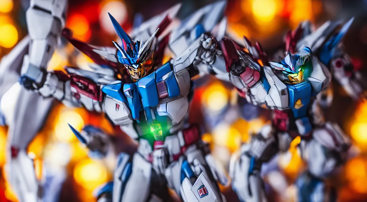 Image similar to medium close up view, Gundam,Guyver,colourful,bokeh,blur,cinematic lighting