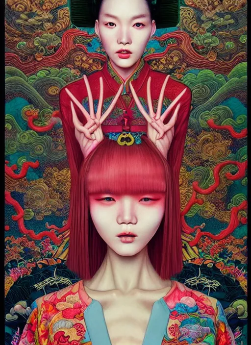 Image similar to pretty chinese model with hallucination mushroom : : by martine johanna and simon stalenhag and chie yoshii and casey weldon and wlop : : ornate, dynamic, particulate, rich colors, intricate, elegant, highly detailed, vogue, harper's bazaar art, fashion magazine, smooth, sharp focus,