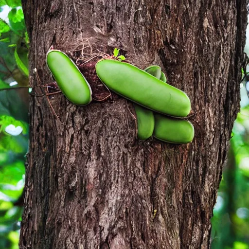 Prompt: bean pod with small human babies inside, growing in a tree, real picture -n 6