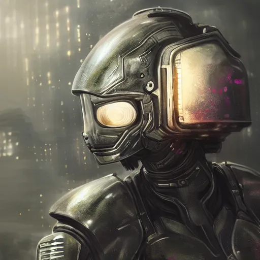 Prompt: ultra realist and ultra intricate detailed soft painting of a beautiful sci-fi armored female, from the waist up, sci-fi helmet, symmetry features, sensual gloomy style, volumetric clouds, cyberpunk burning building background, artstation, unreal render, depth of field