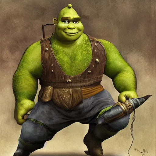 Image similar to a beautiful complex painting of shrek getting ready for a war