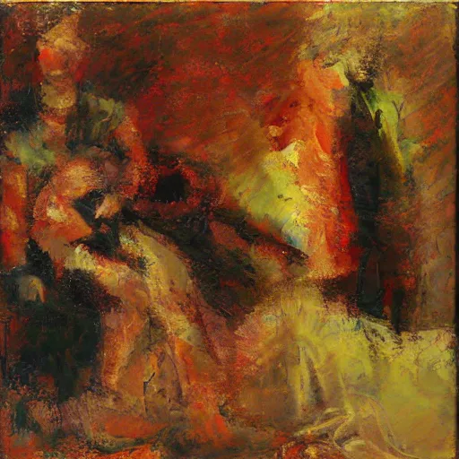 Prompt: Impasto abstract two blurry figures. Sheet in bottom-left corner. By Rembrandt warm color scheme.