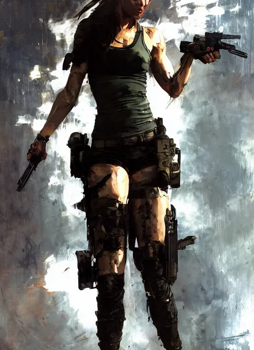 Prompt: lara croft wearing metal gear armor holding gun dramatic lighting art by brandon anschultz by yoji shinkawa by richard schmid by greg rutkowski by sandra chevrier by jeremy lipking cinematic dramatic brush strokes background