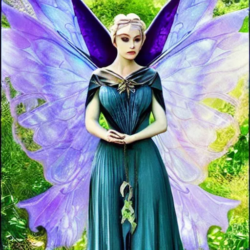 Prompt: fairy with wings, similar to maleficent, fantasy, lord of the rings