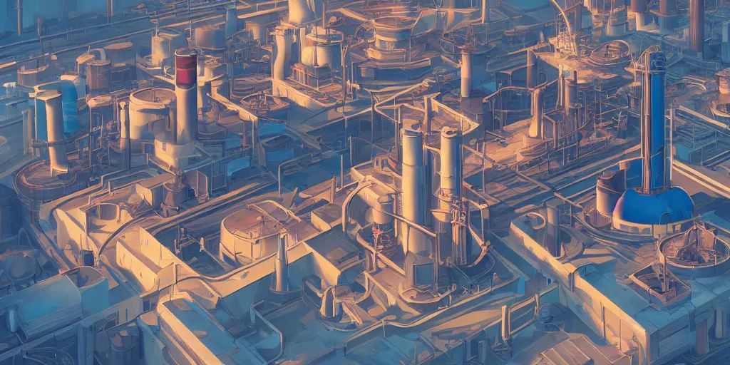 Prompt: aerial view of a stylized combined cycle powerplant, masterpiece, blizzard pixar maya engine global illumination lighting artstation lois van baarle, ilya kuvshinov, rossdraws