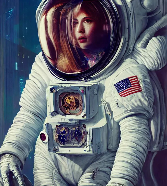 Image similar to hyperrealistic portrait of a woman monster astronaut, sofia coppola, cyberpunk, well lit, intricate abstract. gucci style, intricate artwork, high detail, figurative art, multiple exposure, poster art, 3 d, by stanley kubrick and tooth wu and wlop and beeple, realistic, hyperdetailed, 8 k resolution.