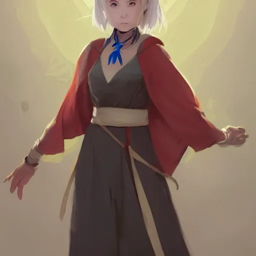 Image similar to full body portrait of a girl sorcerer with white hair in a hairbun, she is wearing a thin subtle red scarf around her neck, she is holding a large wand. cgsociety masterpiece, artstation trending, by rossdraws, ghibli, kimi no na wa, greg rutkowski, simon stalberg, greg manchess