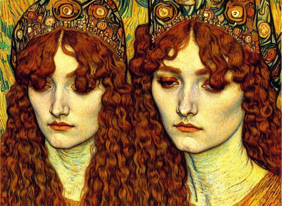 Image similar to detailed realistic beautiful young medieval queen face portrait by jean delville, gustav klimt and vincent van gogh, art nouveau, symbolist, visionary, gothic, pre - raphaelite, muted earthy colors, desaturated