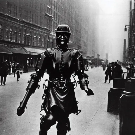 Image similar to old black and white photo, 1 9 1 3, depicting dieselpunk combat cyborg walking through the bustling streets of new york city, historical record