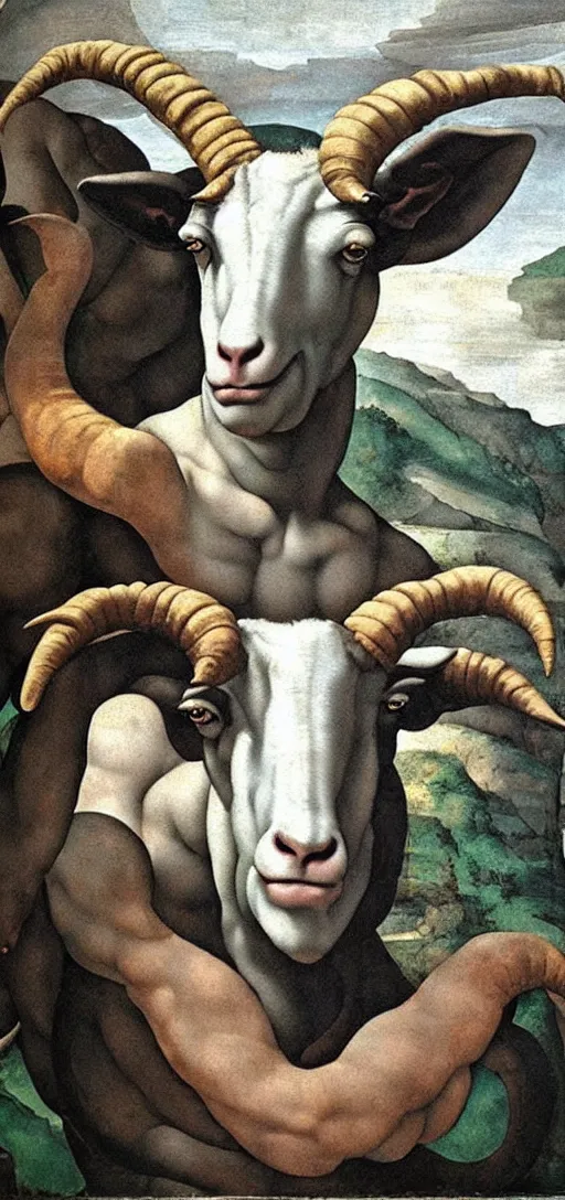 Image similar to giant goat with evil eyes, painting by michelangelo