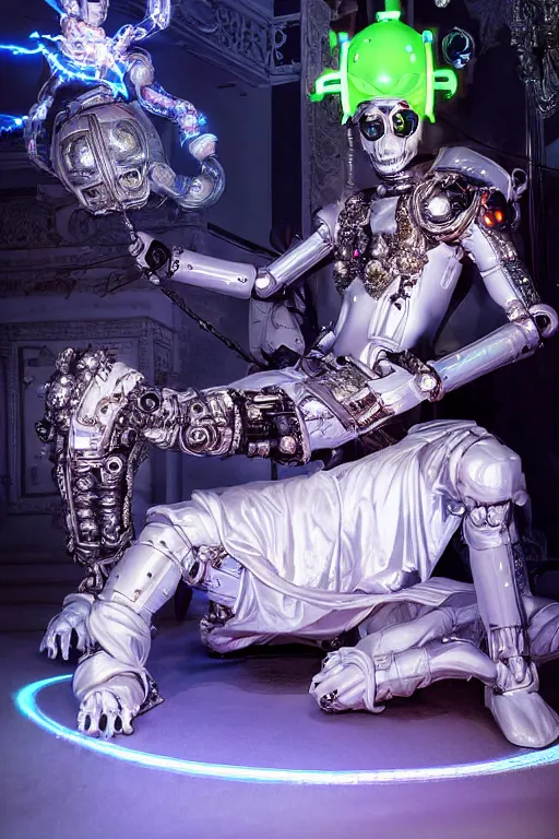 Image similar to full-body rococo and cyberpunk style neon statue of a young attractive portugues macho dotado e rico android sim roupa reclining con piroca dura, glowing white laser eyes, prince crown of blue gears, diamonds, swirling silver-colored silk fabric. futuristic elements. full-length view. space robots. human skulls. intricate artwork by caravaggio. Trending on artstation, octane render, cinematic lighting from the right, hyper realism, octane render, 8k, depth of field, 3D