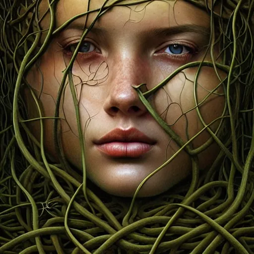 Image similar to a portrait of a girl covered in overgrown vines, face, intricate, digital painting, artstation, intricate, concept art, smooth, sharp focus, illustration, art by Zdzislaw Beksinski