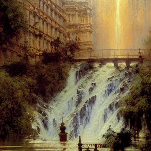 Image similar to waterfall flooding an entire city. victorian age. highly detailed painting by gaston bussiere, craig mullins, j. c. leyendecker