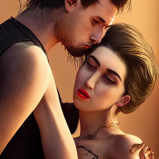 Image similar to man and woman in pose of couple vol 2 photo reference pack for artists, spirit hugs, gold trim, atmoshperic, elegant, sharp focus, huge lips, poses by satine zillah, environment by hw 6 5 2 3, art by ilya ozornin, artstation, intricate details, concept art