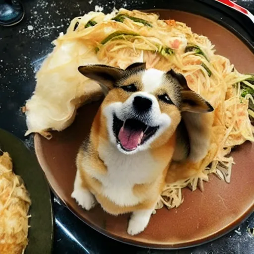 Image similar to a photo of a shiba inu made out of okonomiyaki