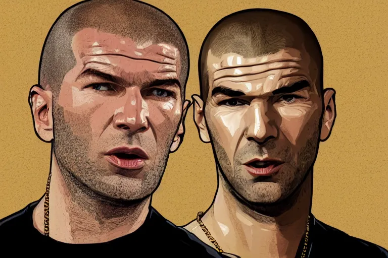 Image similar to illustration of zinedine zidane in a gta waiting screen, gold chain, los angeles, by stephen bliss