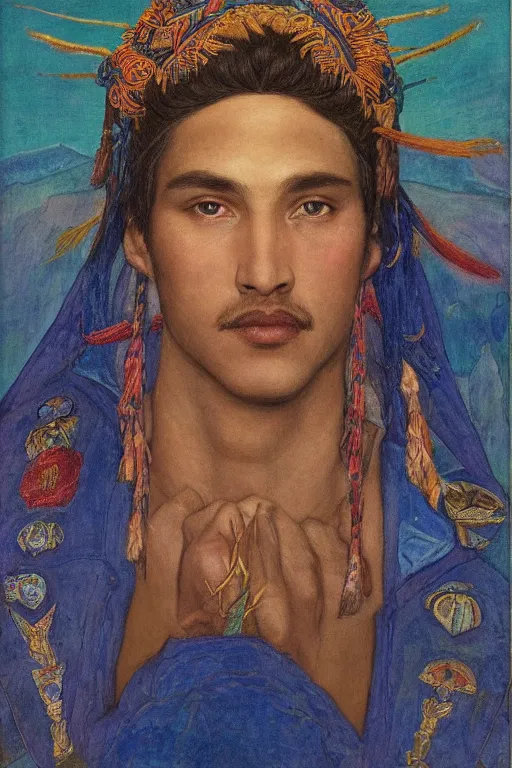 Prompt: prince of dawn with stars in his hair, by Annie Swynnerton, and Nicholas Roerich and Tino Rodriguez and Diego Rivera , elaborate headdress and embroidered velvet, iridescent beetles, rich color, dramatic cinematic lighting, extremely detailed