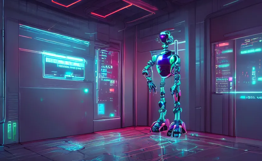 Prompt: high detailed robot, staying in front of data center room, 1 6 mm, high detail, cold neon light, cinematic colors, sharp, trending on artstation