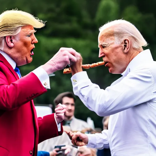 Prompt: Donald Trump and Joe Biden fighting over a sausage, Canon EOS R3, f/1.4, ISO 200, 1/160s, 8K, RAW, unedited, symmetrical balance, in-frame