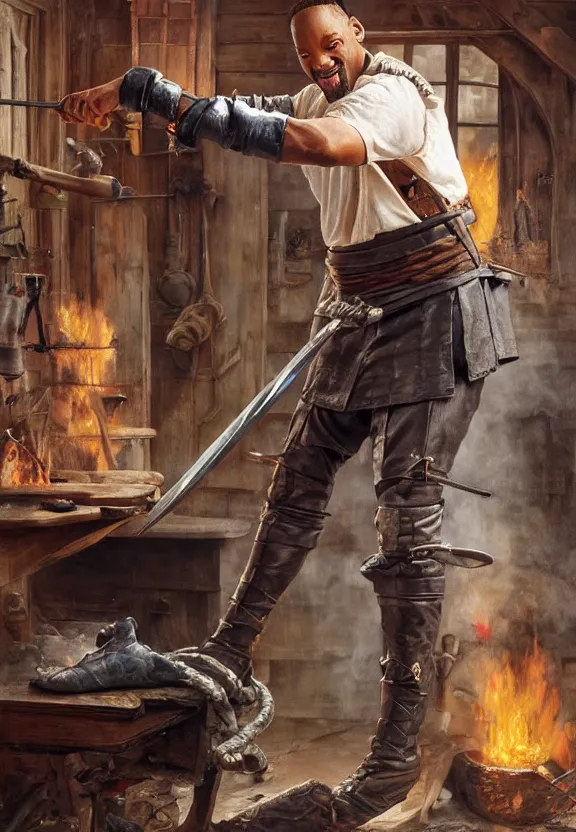 Image similar to hyper realistic will smith as a blacksmith making a sword painting by karl kopinski kim jung giu and weta studio, and lucasfilm and jesper ejsing and norman rockwell greg rutkowski frank frazzeta