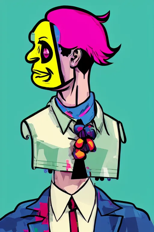 Image similar to display twitter guy wearing an blouses with clown mask. pop art, gta vice city art style, digital art, arstation art, pixel art, face and body features details, ultra realistic details, concept art, casual art, sharp focus, illustration, intecrate details, elegant, confident posse, art by mark millar and richard hamilton and mimmo rottela