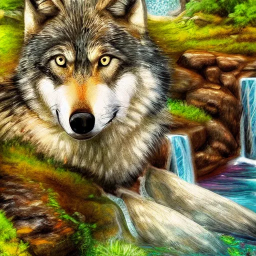 Prompt: Wolf sitting on rock in forest landscape with waterfall over pond, whimsical digital painting in the style of jacqueline wall