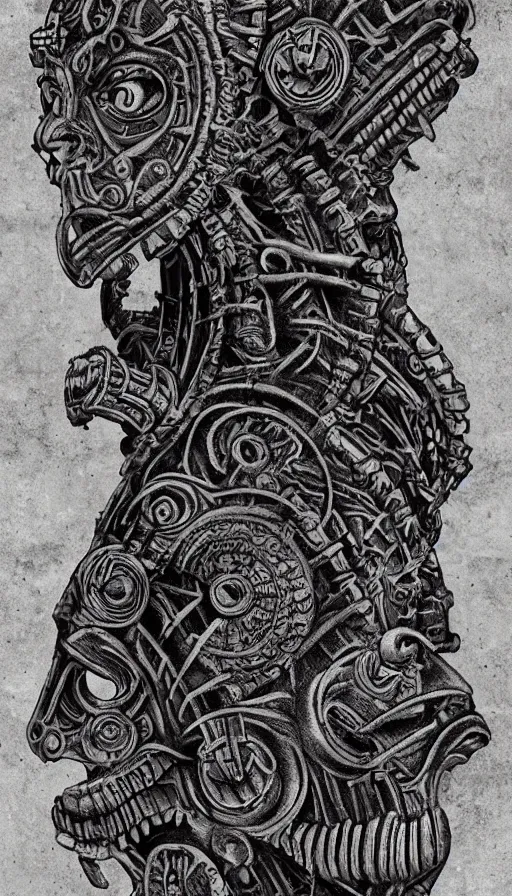 Image similar to ancient biomechanical hybrid aztec fantasy human face mask tattoo pattern concept, teonanacatl glyph, intricate artwork by, Alex Grey, Artgerm, H.R. Giger, very coherent artwork, cinematic, hyper realism, high detail, octane render, unreal engine, 8k, High contrast, higly detailed black ink outline