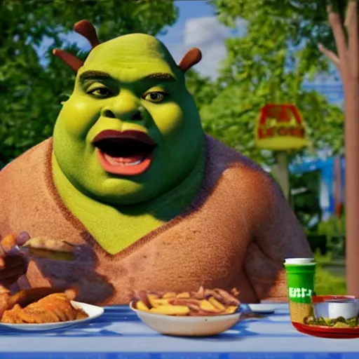 Image similar to fat shrek eating chicken wings outside of mcdonald ’ s in real life, realistic, detailed, 8 k, 4 k uhd, hyper realistic, great detail