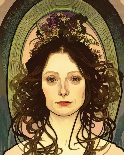 Prompt: a portrait painting of ( ( ( tilda swindon ) ) ) in the style of alphonse mucha!!!