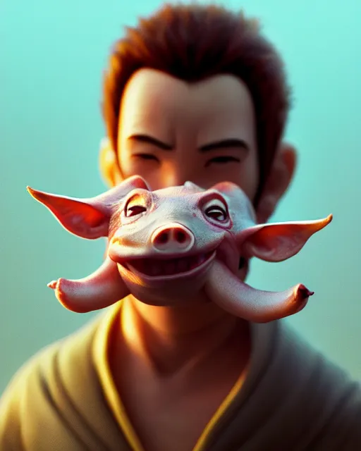 Image similar to movie still macro close photo of anonymous holding pork to mouth, by weta disney pixar greg rutkowski wlop ilya kuvshinov rossdraws artgerm octane render iridescent, bright morning, liosh, mucha