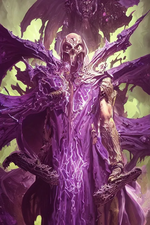 Image similar to portrait of hulking herculean ainz ooal gown undead lich, from overlord, warlock purple robes, magical electricity, upper body, fantasy, intricate, elegant, highly detailed, digital painting, artstation, concept art, sharp focus, illustration, art by artgerm and greg rutkowski and alphonse mucha