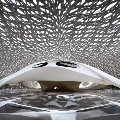 Prompt: extremely detailed ornate stunning beautiful futuristic museum interior by Zaha Hadid