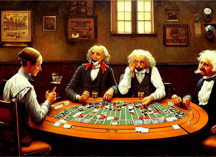 Image similar to isaac newton and stephen hawkins and albert einstein playing poker in an old west saloon, intricate, highly detailed, centered, digital painting, artstation, concept art, smooth, sharp focus, illustration, art by james gurney and norman rockwell and greg rutkowski