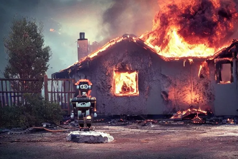 Image similar to <picture quality=4k-ultra-hd mode='attention grabbing'>Adorable fluffy robot looks into the camera sinisterly as a house burns behind it - inspired by Disaster Girl</picture>