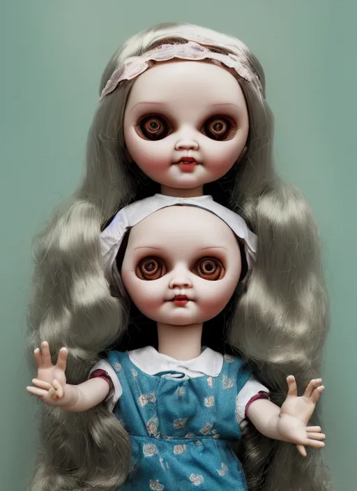 Image similar to highly detailed wide - angle portrait of a retro doll with low detail simple hands, nicoletta ceccoli, mark ryden, lostfish, earl nore, hyung tae, frank frazetta, global illumination, detailed and intricate environment