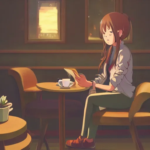 Prompt: a young woman reading a book in a cozy coffee shop, anime key visual, anime screenshot, artstation, studio ghibli