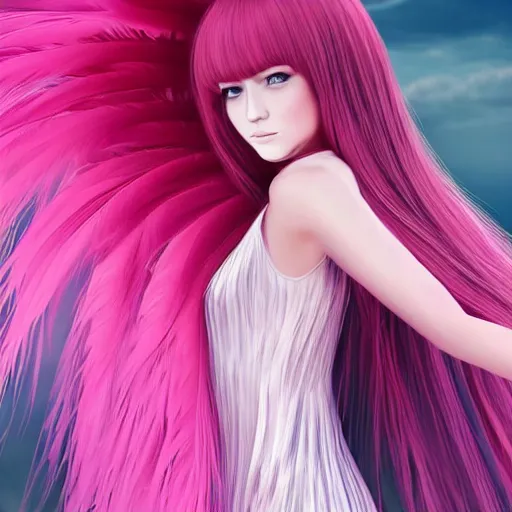 Image similar to girl with an eccentric pink haircut wearing an long dress made of feathers, full character, realistic art work, cgi, anime, 8 k, ultra hd, sketch anime