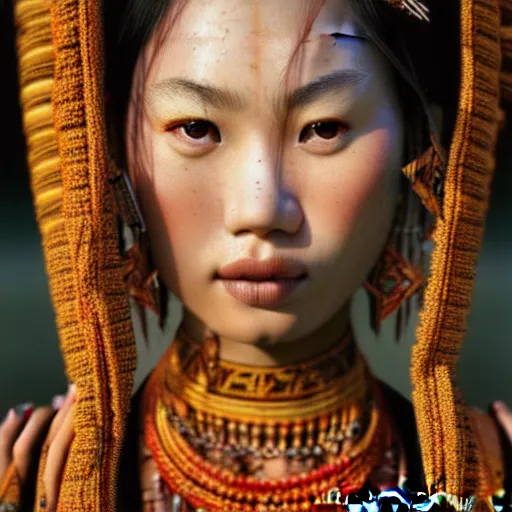 Image similar to portrait of a stunningly beautiful asian tribal female, depth of field, zeiss lens, detailed, symmetrical, centered, fashion photoshoot, by annie leibovitz and steve mccurry, david lazar, jimmy nelsson, breathtaking, 8 k resolution, extremely detailed, beautiful, establishing shot, artistic, hyperrealistic, beautiful face, octane render