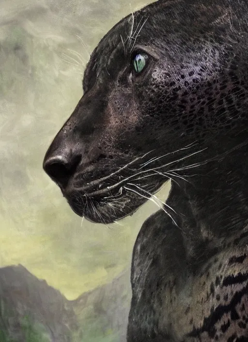 Image similar to a beautiful matte painting portrait of a black jaguar, close up, ayahuasca