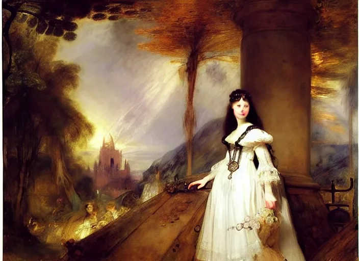Prompt: a portrait of a gothic princess in white baroque dress in a futuristec environment. by henriette ronner - knip, by william henry hunt, by rembrandt, by joseph mallord william turner, by konstantin razumov, concept art,