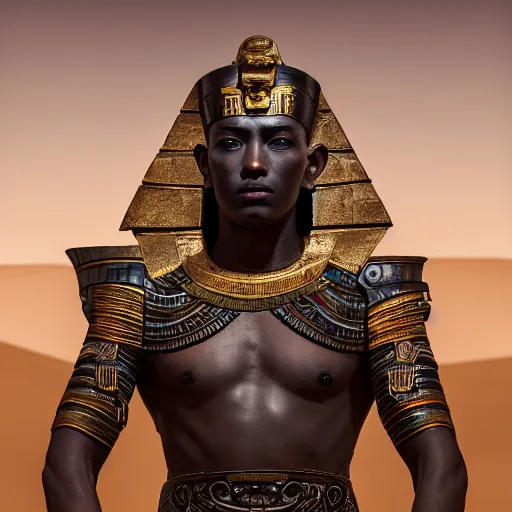 Prompt: an intricate photography portrait of a enigmatic pharaoh warrior soldier made of obsidian carving metal in a golden desert, extremely detailed, ornate, biomechanical, by wlop by jungyeonmin, james jean jhonseru jsezz, greg rutkowski, lens orbs, global illumination, japandi, hyperreal, micro details