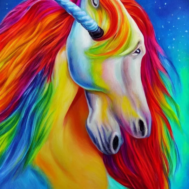 Prompt: beautiful unicorn, colorful oil painting