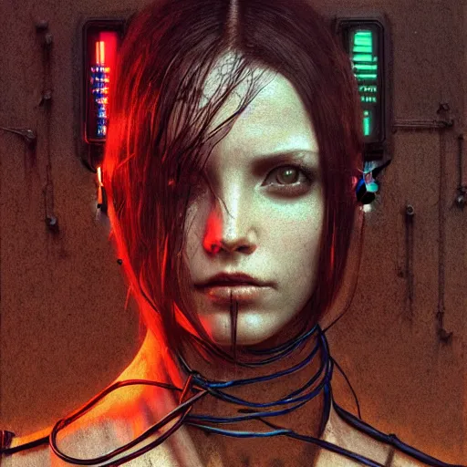 Prompt: female cyberpunk, wires, machines digital diplays, by waterhouse, by beksinski, high quality, facing camera, photorealistic, highly detailed, haunting, occult, extremely detailed, intricate, octane render