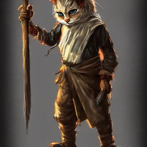 Image similar to dirty humanoid homeless cat wearing rags, wielding a broadsword, concept art, d & d, fantasy, trending on artstation