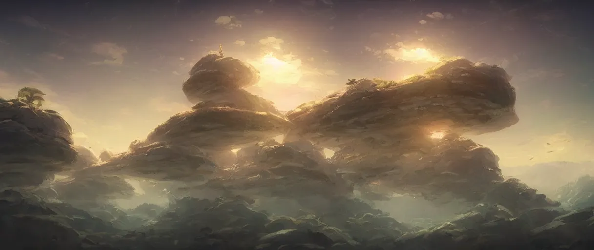 Prompt: floating islands in sky, concept art, low angle, cinematic, style of jordan grimmer