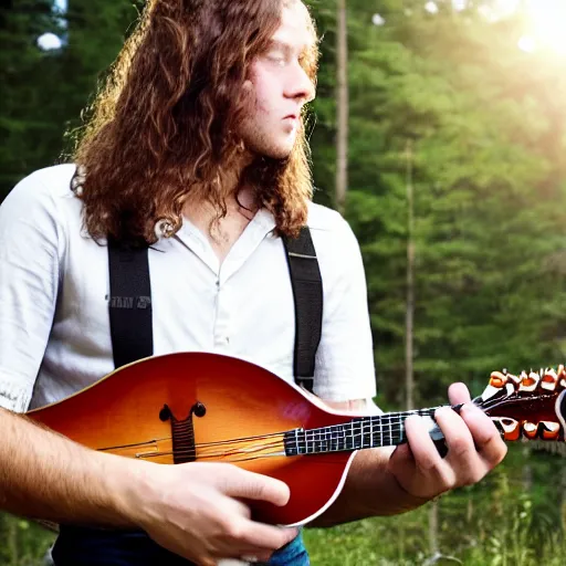 Image similar to a photo of a young man with long hair playing mandolin in the wilderness